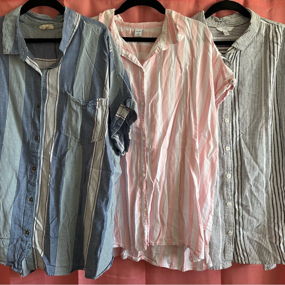 3 Women's Striped Button Down Shirts - Blue, Pink, Gray